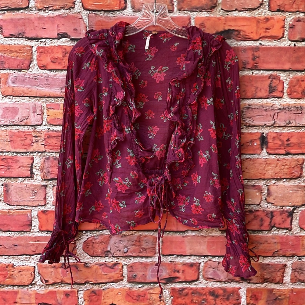 Maroon Free People Amanda Ruffle Floral Wrap Long Sleeve Top in Sultry Combo